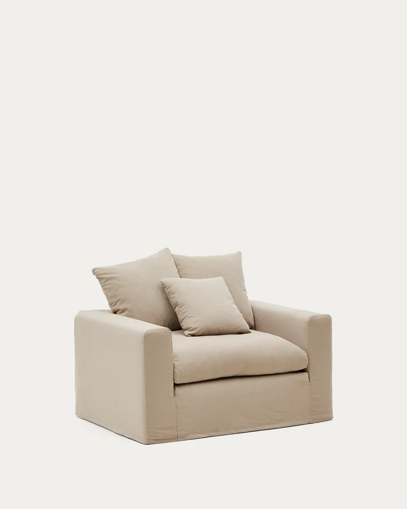 Nora armchair with removable cover with linen and cotton cushion in taupe 140cm