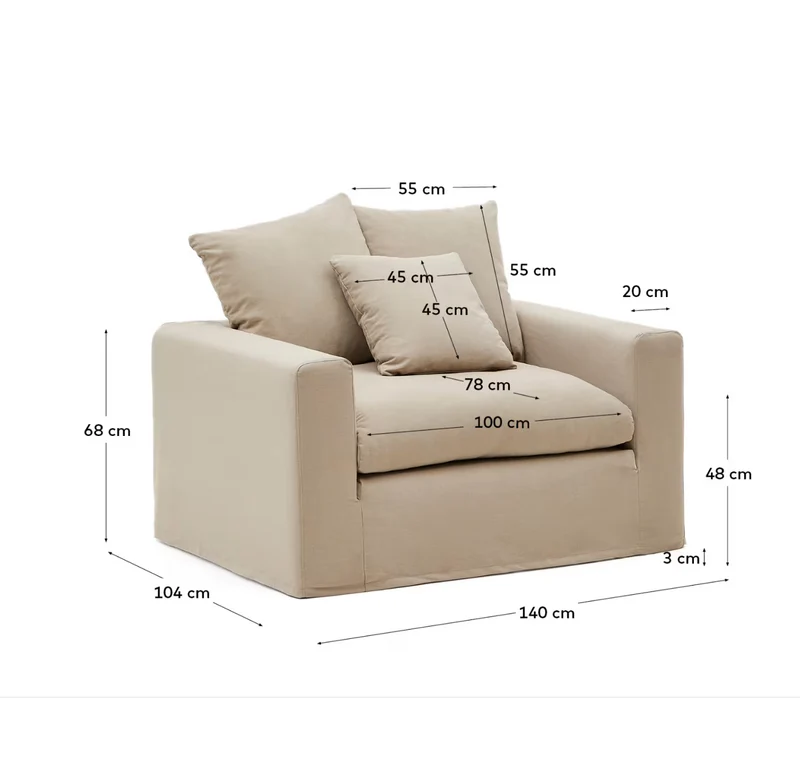 Nora armchair with removable cover with linen and cotton cushion in taupe 140cm