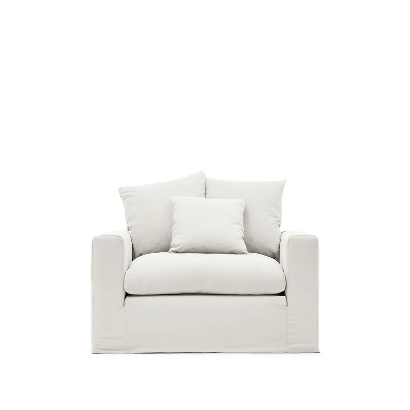 Nora armchair with removable cover with linen and cotton cushion in ecru 140cm