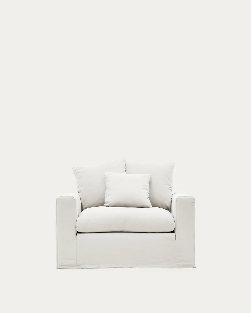 Nora armchair with removable cover with linen and cotton cushion in ecru 140cm