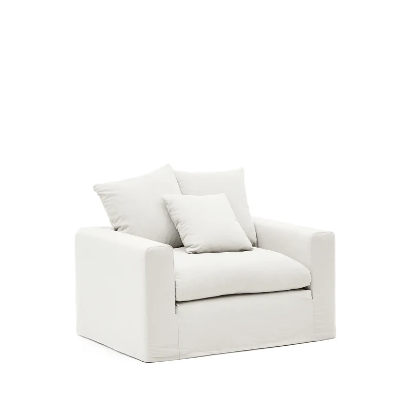 Nora armchair with removable cover with linen and cotton cushion in ecru 140cm