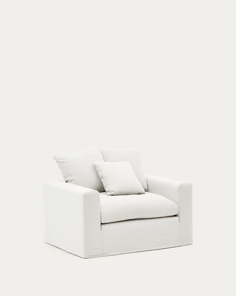 Nora armchair with removable cover with linen and cotton cushion in ecru 140cm