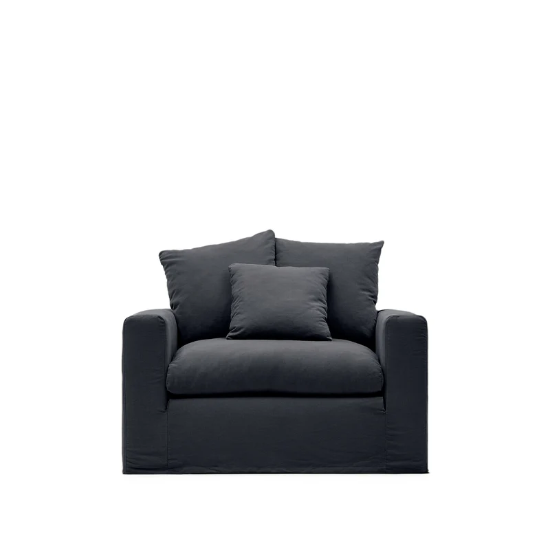 Nora armchair with removable cover with linen and cotton cushion in anthracite grey 140cm
