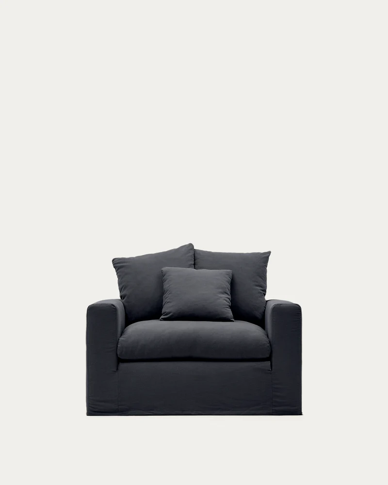 Nora armchair with removable cover with linen and cotton cushion in anthracite grey 140cm