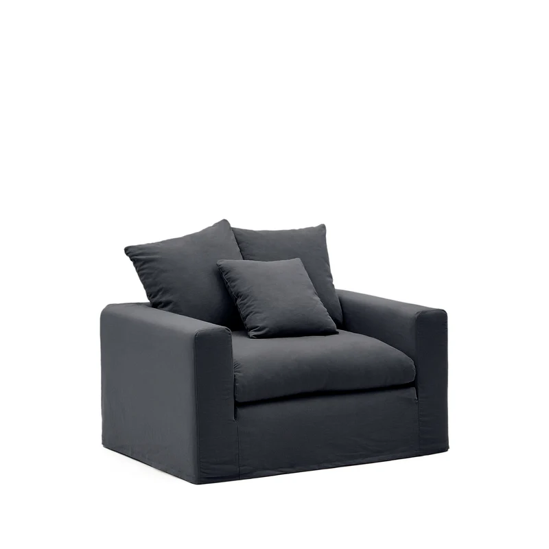 Nora armchair with removable cover with linen and cotton cushion in anthracite grey 140cm