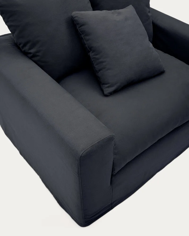 Nora armchair with removable cover with linen and cotton cushion in anthracite grey 140cm