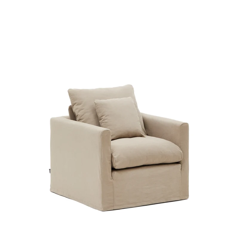 Nora armchair with removable cover with linen and cotton cushion in taupe 92cm