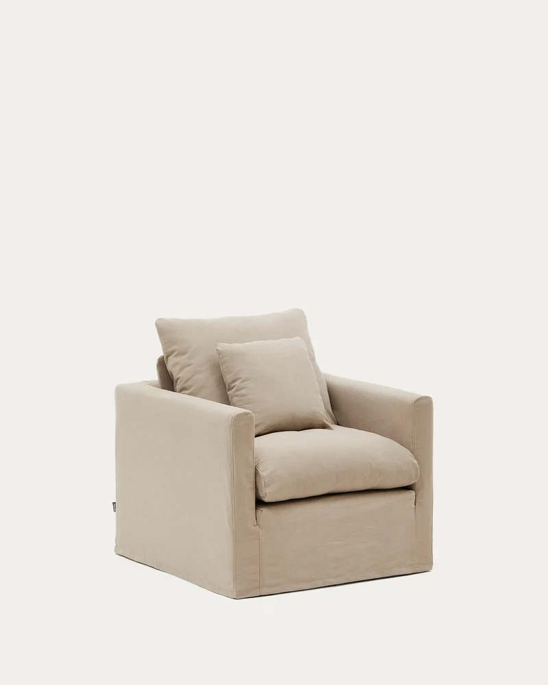 Nora armchair with removable cover with linen and cotton cushion in taupe 92cm
