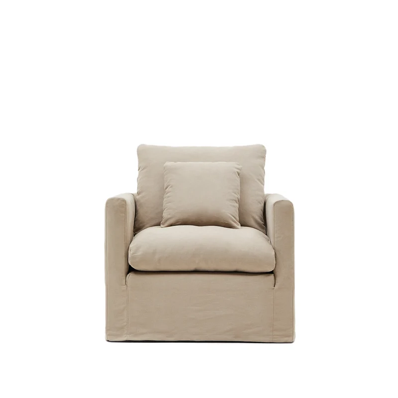 Nora armchair with removable cover with linen and cotton cushion in taupe 92cm