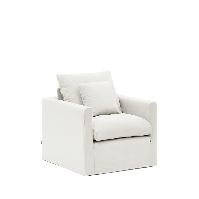 Nora armchair with removable cover with linen and cotton cushion in ecru 92cm