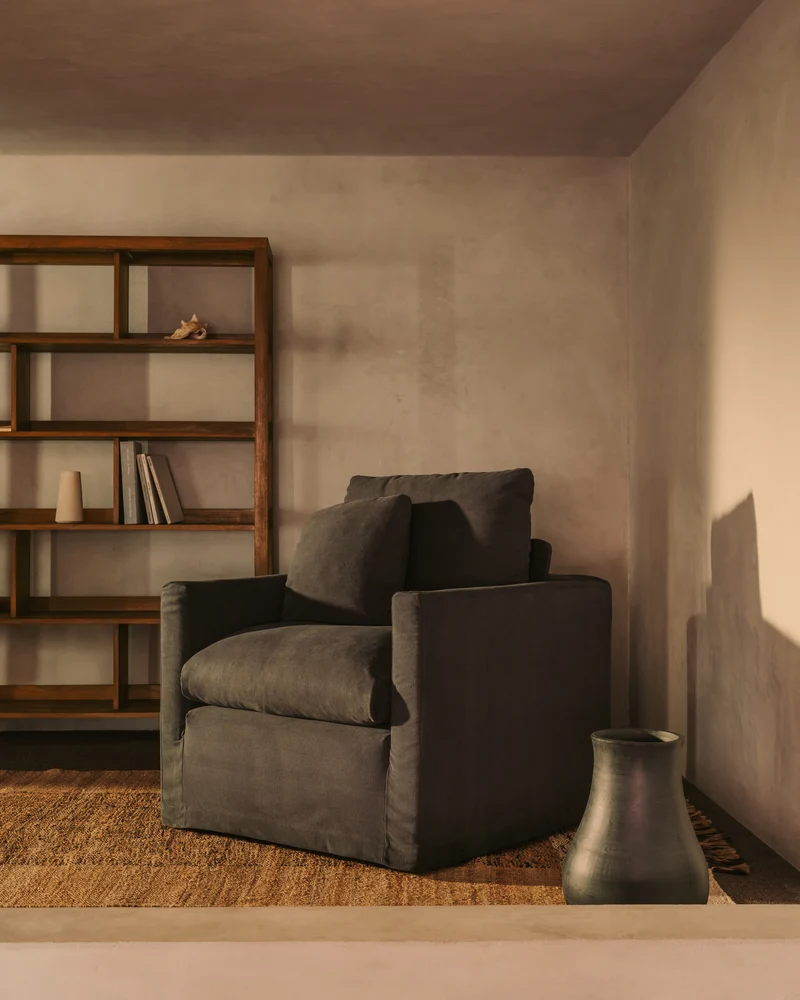 Nora armchair with removable cover with linen and cotton cushion in ecru 92cm