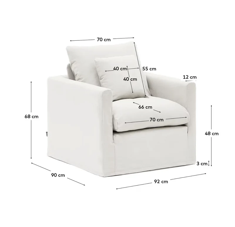Nora armchair with removable cover with linen and cotton cushion in ecru 92cm