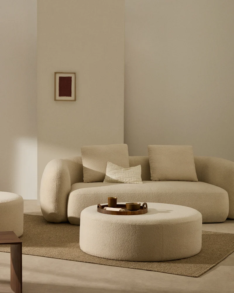 Kaeli footrest with removable cover in ecru bouclé Ø 120 cm