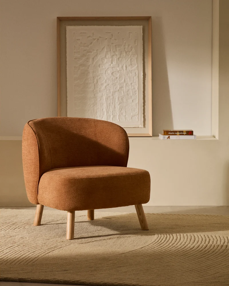 Ulit armchair in terracotta chenille natural finish legs