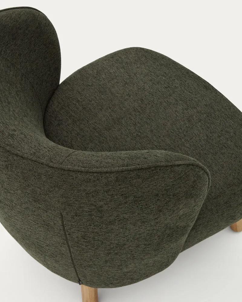Ulit armchair in green chenille natural finish legs