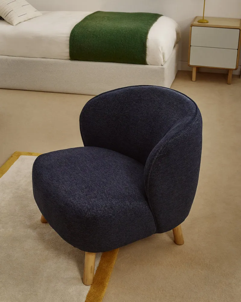 Ulit armchair in blue-grey chenille natural finish legs