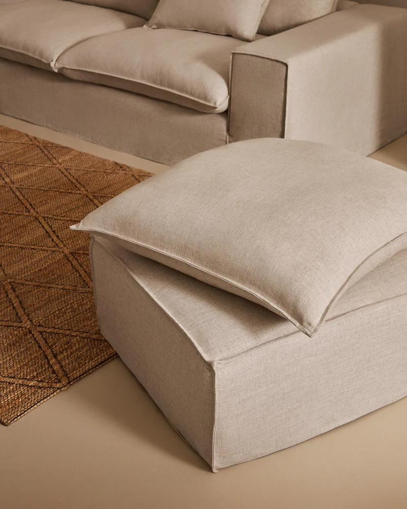 Anarela removable-cover footstool with beige linen cushion FSC Mix Credit 80 x 80 cm.