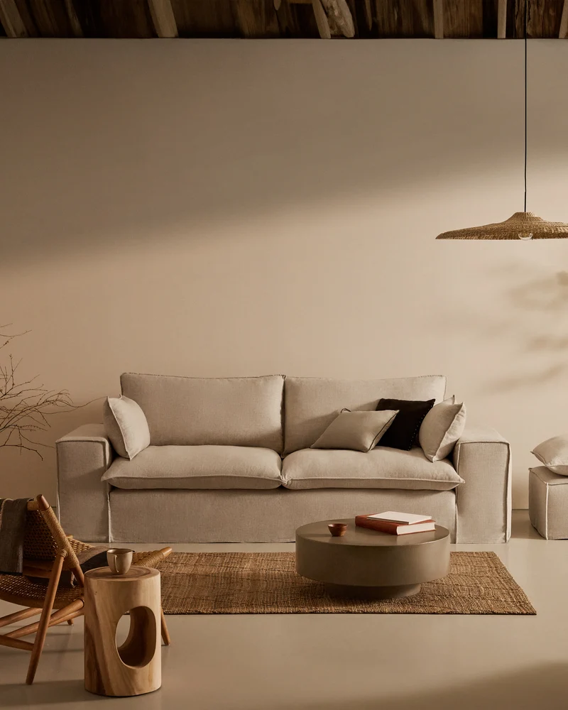 Anarela removable-cover footstool with beige linen cushion FSC Mix Credit 80 x 80 cm.