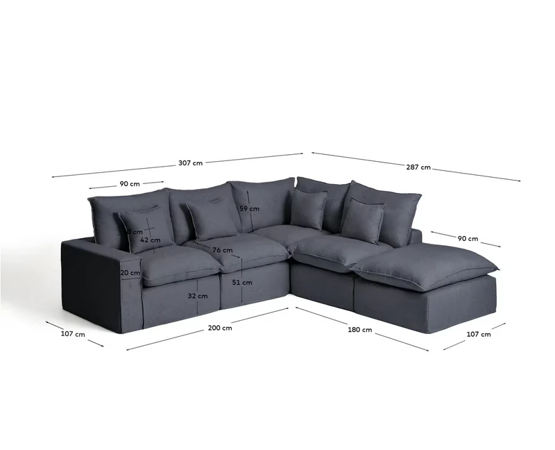 Anarela dark grey linen and viscose 4-seater modular corner sofa with removable cover 307 x 287 cm FSC Mix Credit