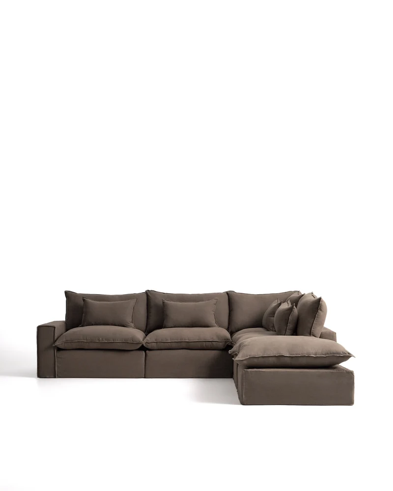 Anarela taupe linen 6-seater modular corner sofa with removable cover 347 x 307 cm FSC Mix Credit