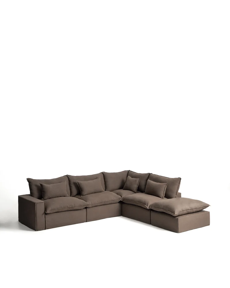 Anarela taupe linen 6-seater modular corner sofa with removable cover 347 x 307 cm FSC Mix Credit
