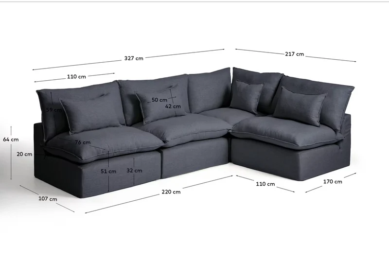 Anarela 6-seater modular corner sofa with removable covers in beige linen and viscose 327 x 217cm / 217 x 327cm FSC Mix Credit
