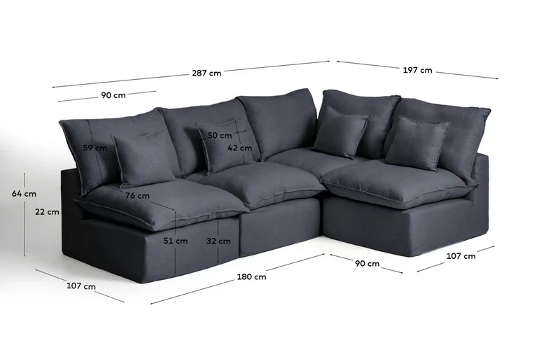 Anarela dark grey linen and viscose 4-seater modular corner sofa with removable cover 287 x 197cm / 197 x 287cm FSC Mix Credit