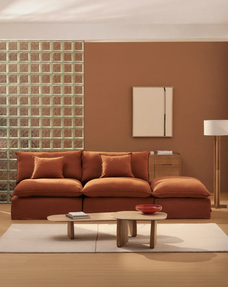 Anarela terracotta linen 2-seater modular sofa with end module and removable cover 270cm FSC Mix Credit