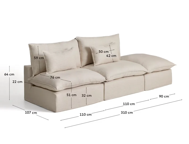Anarela beige linen and viscose 3-seater modular sofa with end module and removable cover 310cm FSC Mix Credit