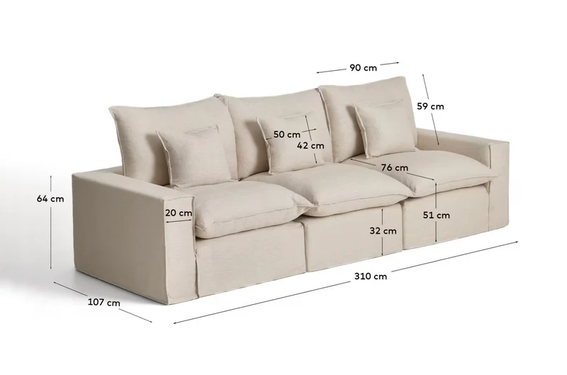 Anarela beige linen and viscose 3-seater modular sofa with removable cover 310cm FSC Mix Credit