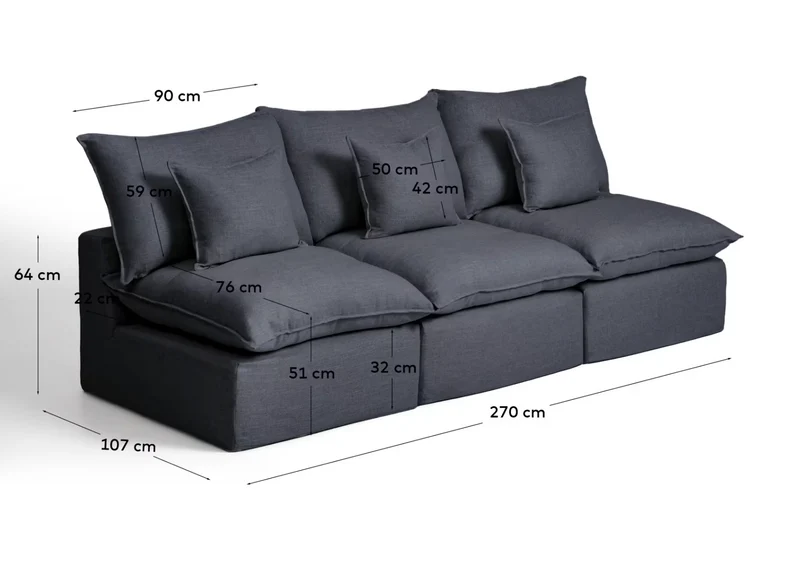 Anarela dark grey linen and viscose 3-seater modular sofa with removable cover 270cm FSC Mix Credit