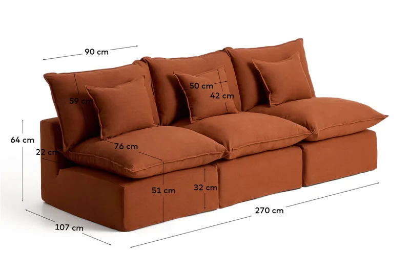 Anarela beige linen and viscose 3-seater modular sofa with removable cover 270cm FSC Mix Credit