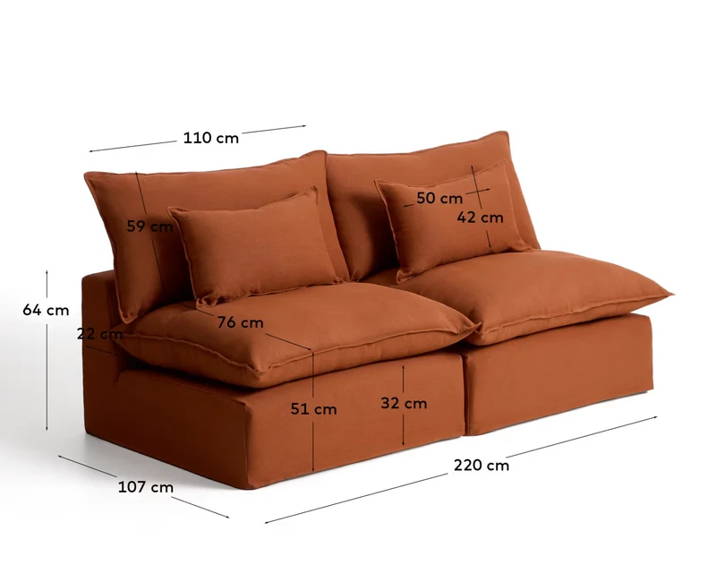 Anarela terracotta linen 3-seater modular sofa with removable cover 220cm FSC Mix Credit