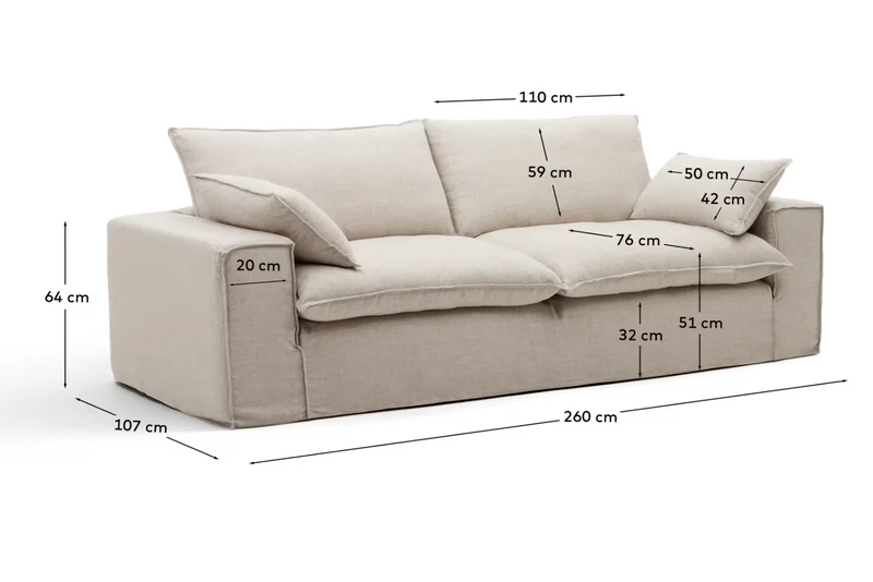 Anarela beige linen and viscose 3-seater sofa with removable cover 260 cm FSC Mix Credit