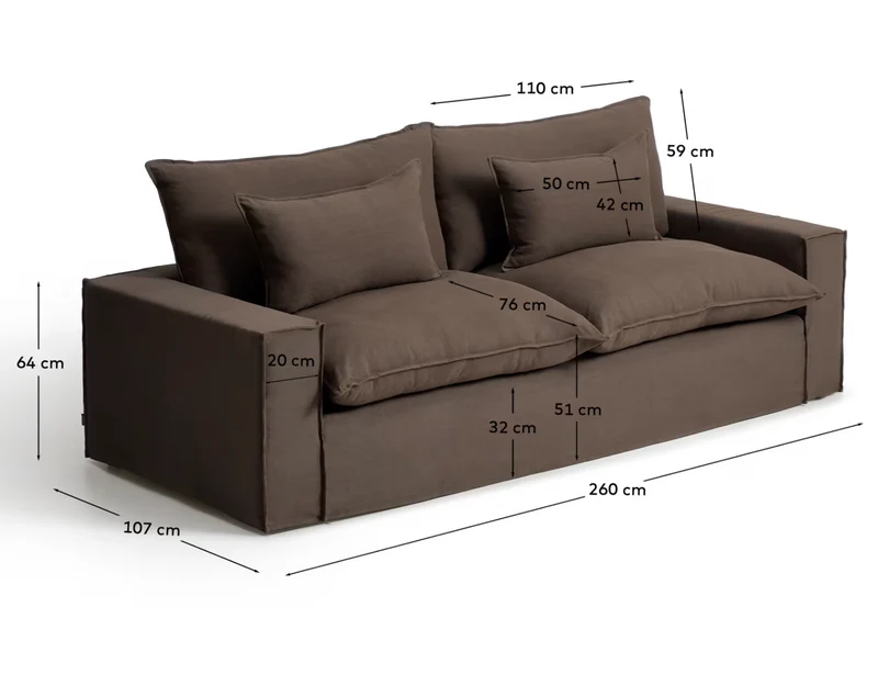 Anarela taupe linen 3-seater sofa with removable cover 260 cm FSC Mix Credit
