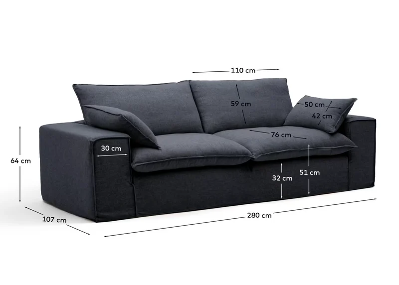 Anarela dark grey linen and viscose 3-seater sofa with removable cover 280 cm FSC Mix Credit