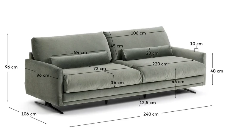 Veliro green velvet 3-seater sofa with black steel legs 240cm FSC Mix Credit