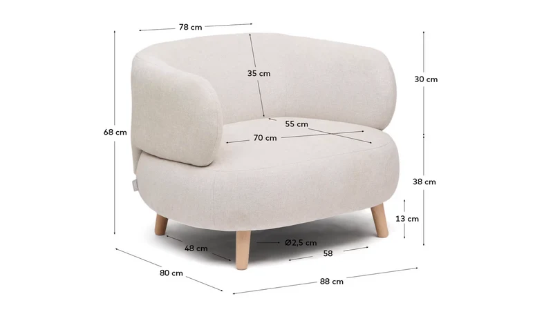 Luisa armchair in chenille pearl with solid beech wood legs 90 cm