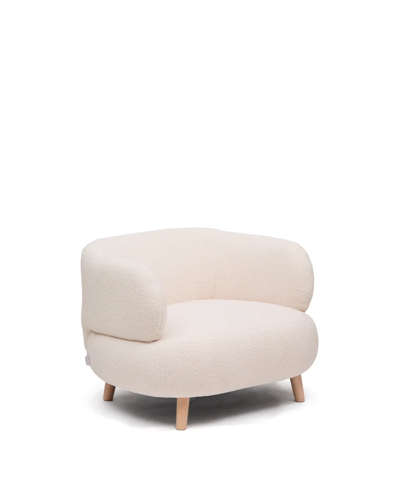 Luisa armchair in ecru boucle with solid beech wood legs 90 cm