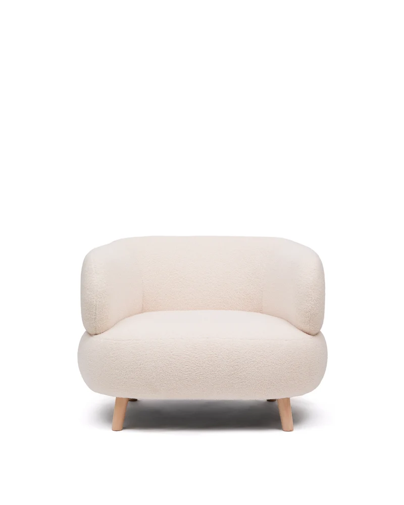 Luisa armchair in ecru boucle with solid beech wood legs 90 cm