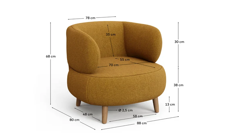 Luisa fire-retardant mustard bouclé armchair with solid beech wood legs 90cm