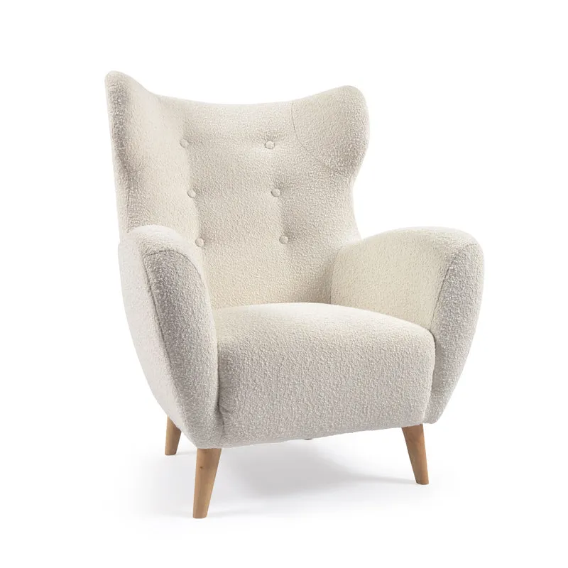 Patio armchair in white bouclé with solid, beech wood legs FSC Mix Credit