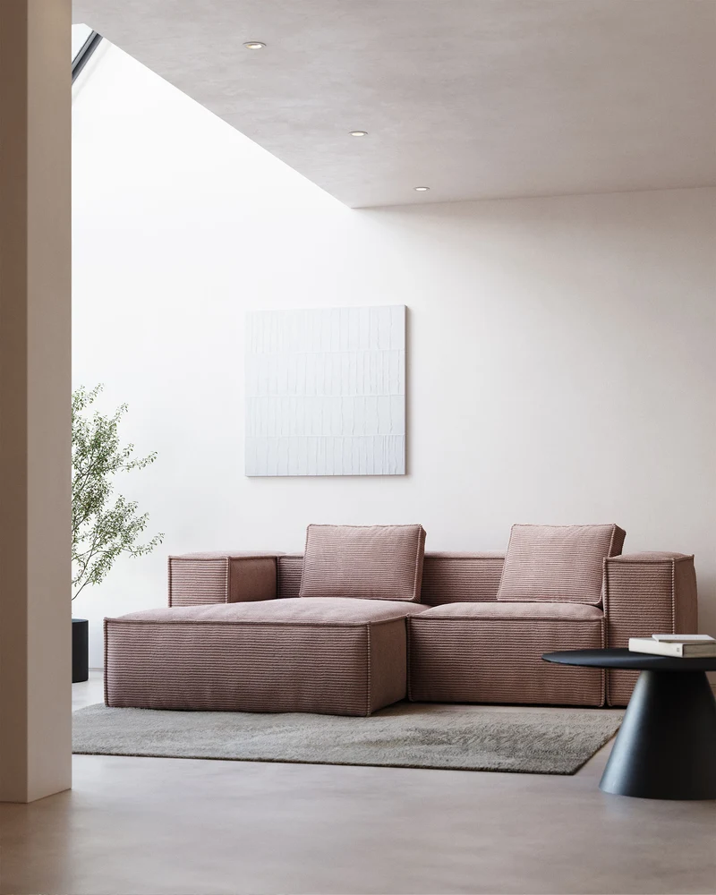 Blok 2-seater with Chaise Longue - Pink Corduroy