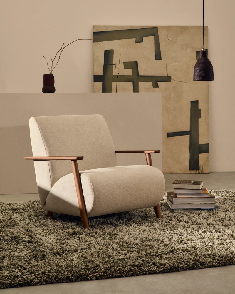 Meghan armchair in pearl chenille and solid ash wood with walnut finish FSC Mix Credit