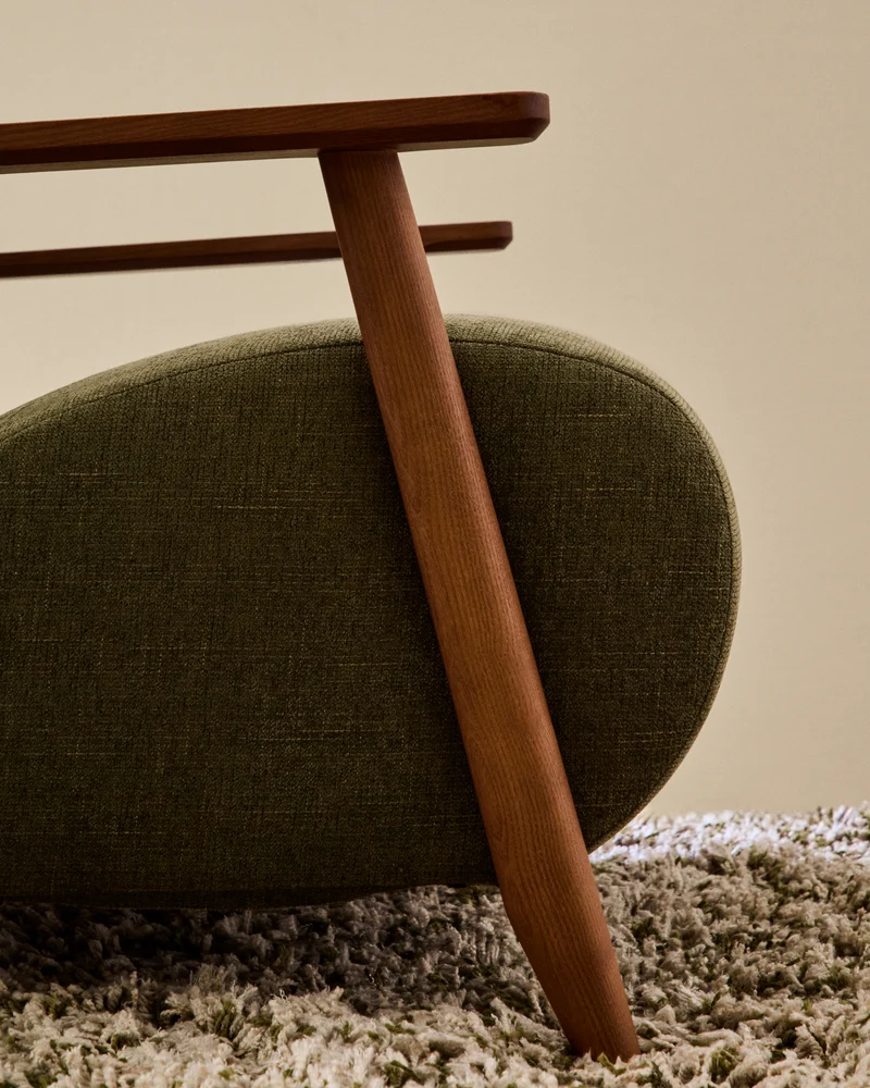Meghan armchair in green chenille and solid ash wood with walnut finish FSC Mix Credit