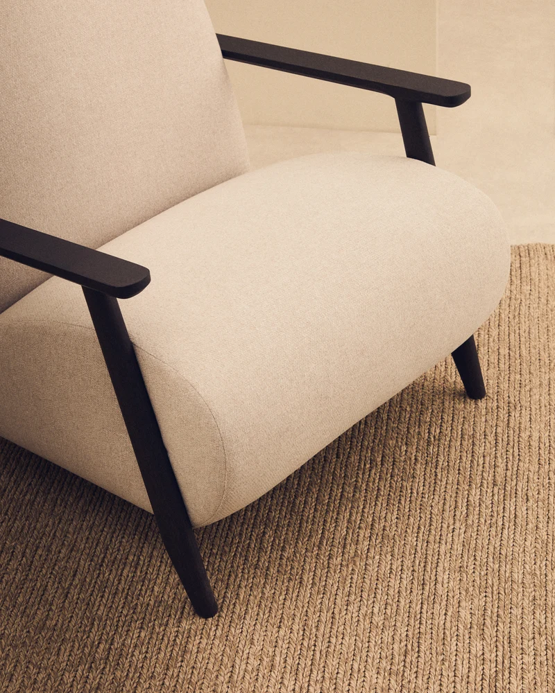 Meghan armchair in pearl chenille and with solid beech wood in a wenge finish FSC Mix Credit