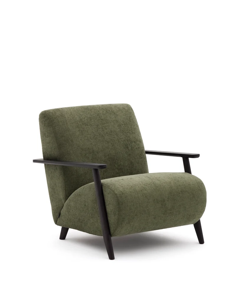Meghan armchair in green chenille and with solid beech wood in a wenge finish FSC Mix Credit