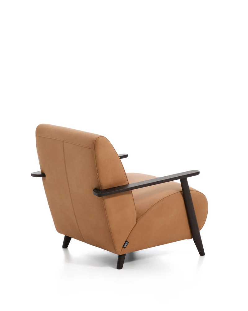Meghan armchair in brown leather and solid ash wood with wenge-coloured finish FSC Mix Credit