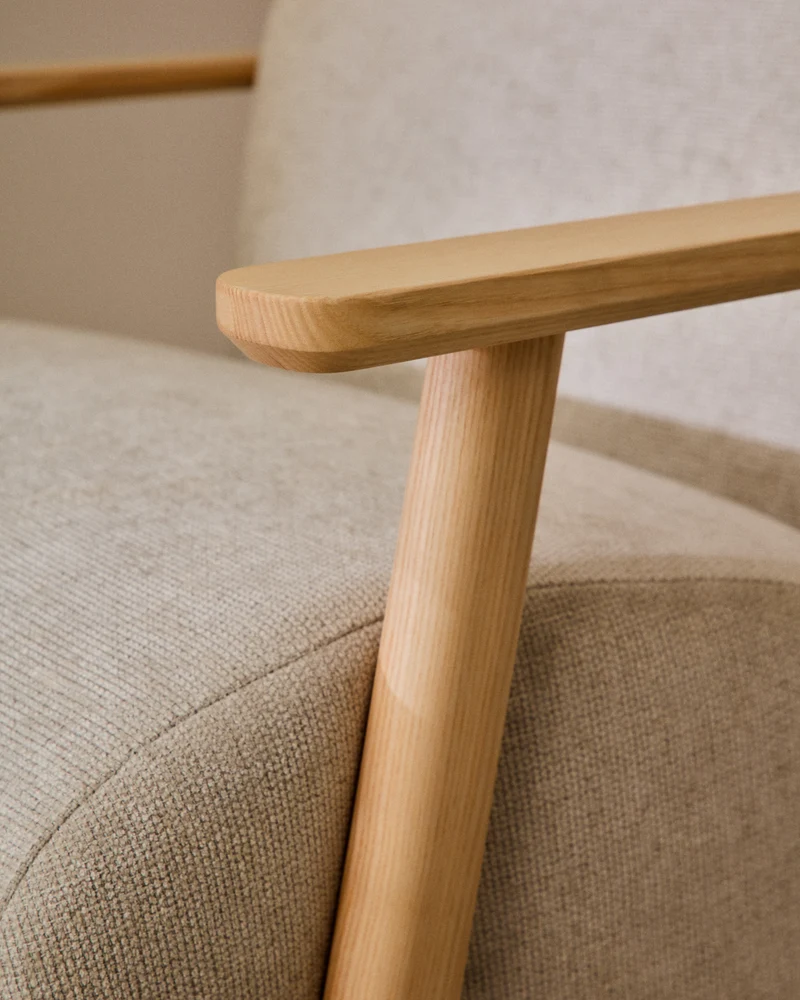 Meghan armchair in pearl chenille and with solid beech wood in a natural finish FSC Mix Credit