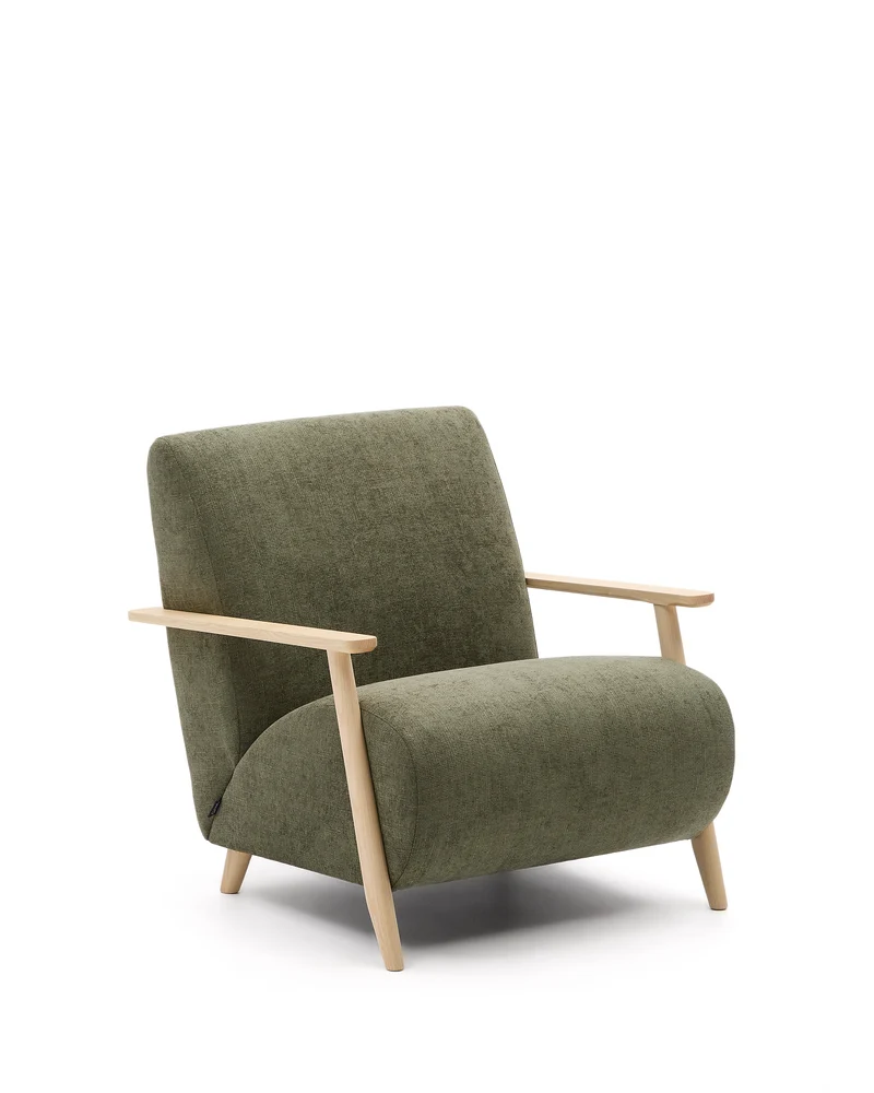 Meghan armchair in green chenille and with solid beech wood in a natural finish FSC Mix Credit
